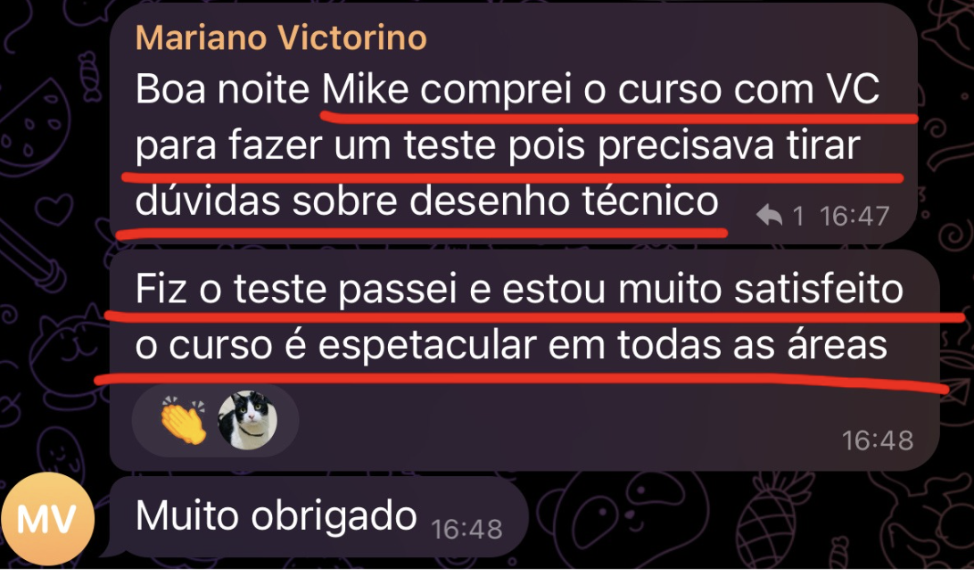 Aluno passou no teste e elogia o curso em todas as áreas