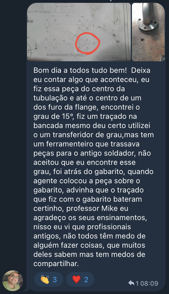 Aluno relata traçagem de flange com 15 graus feita na bancada